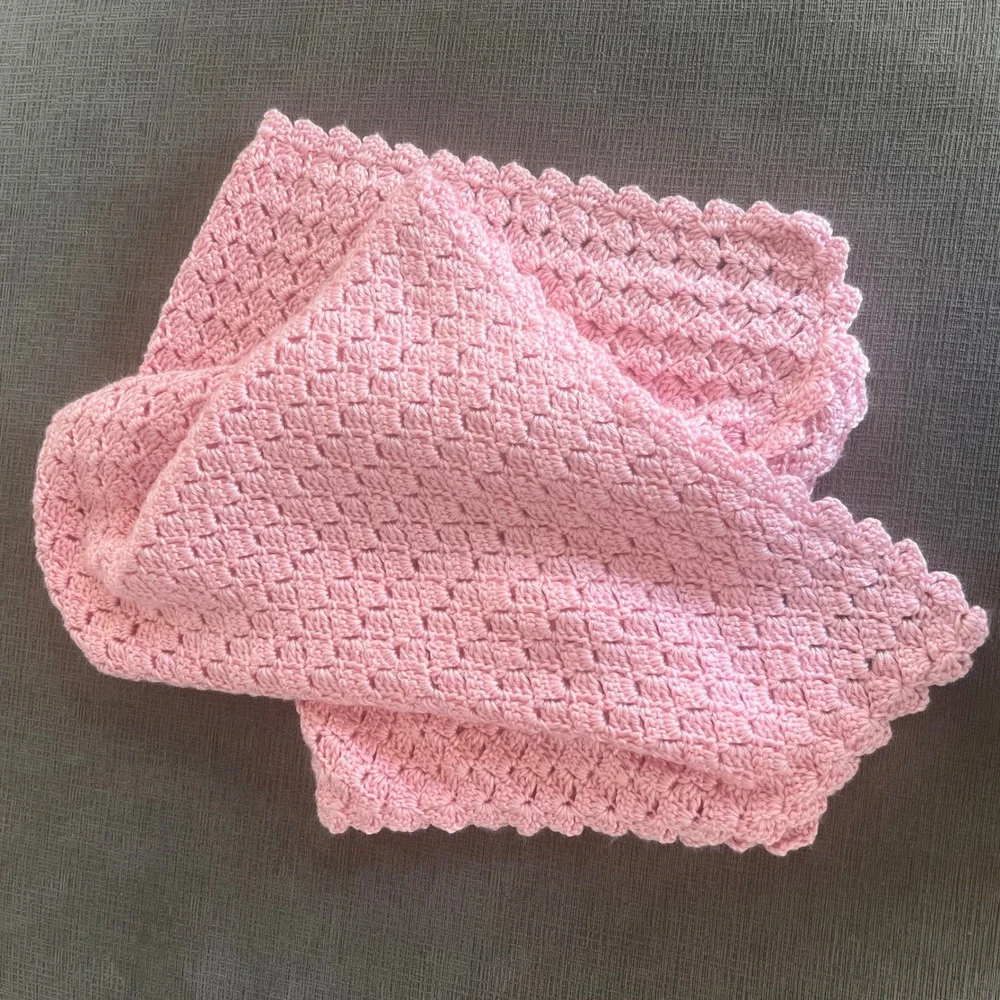 Handmade Pink Crochet Baby Blanket Shell Stitch Scalloped Edge Nursery Wrap